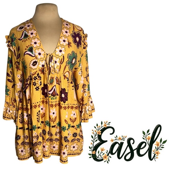 easel Tops - Easel Retro Boho Mustard Yellow Multicolor Floral Babydoll Tunic Top Size Smalll